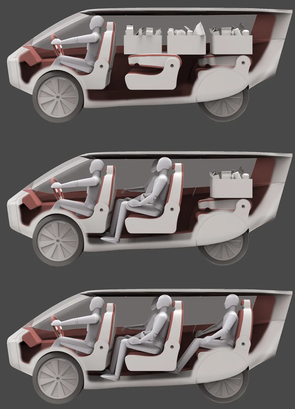 The three seating modes: transport, everyday and taxi