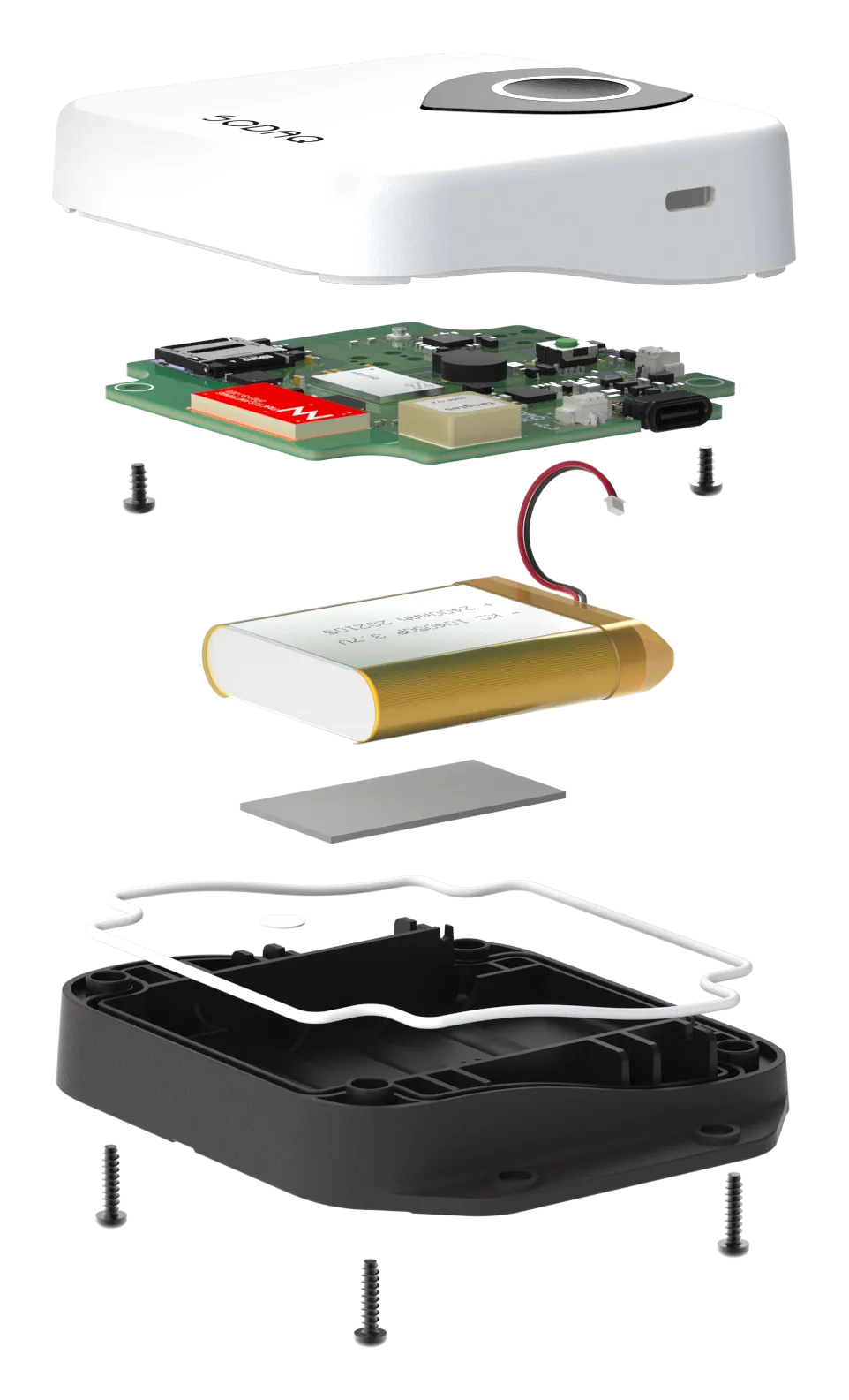 Exploded view of TRACK: housing, electronics, battery and base