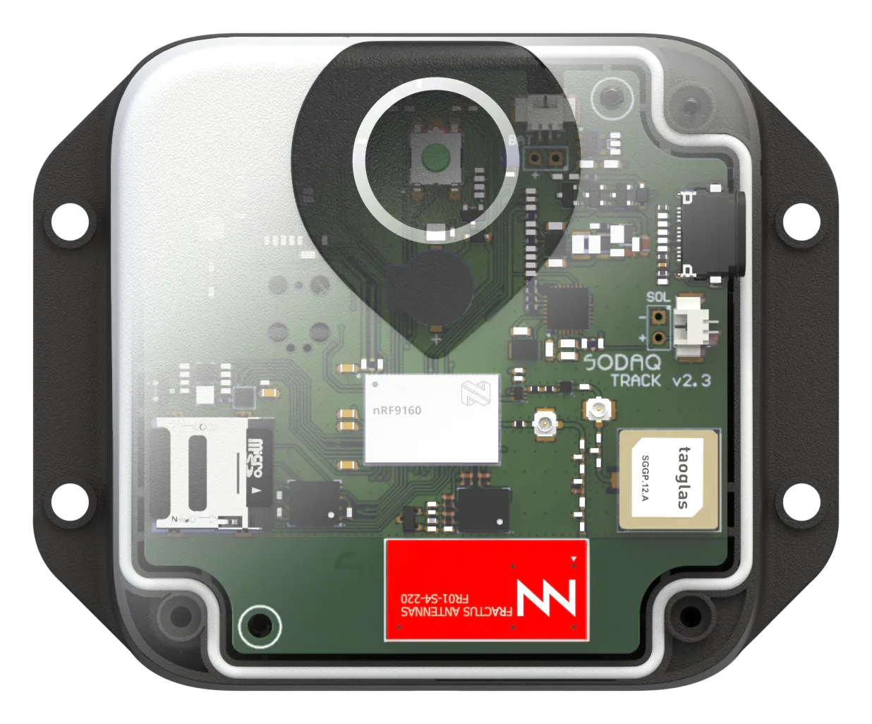 TRACK with a see-through lid, showing the circuit board